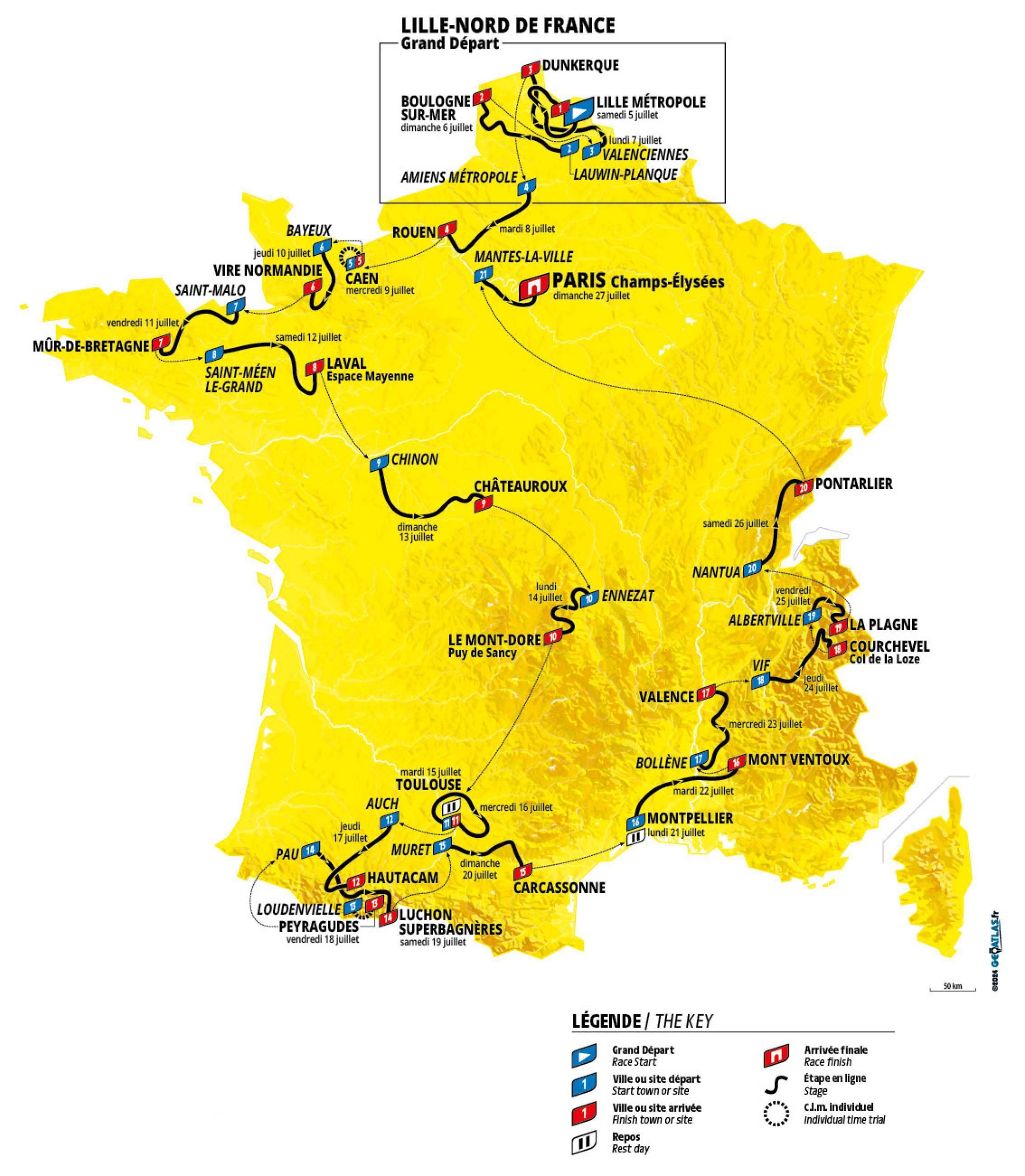 Map of the 2025 Tour de France Route