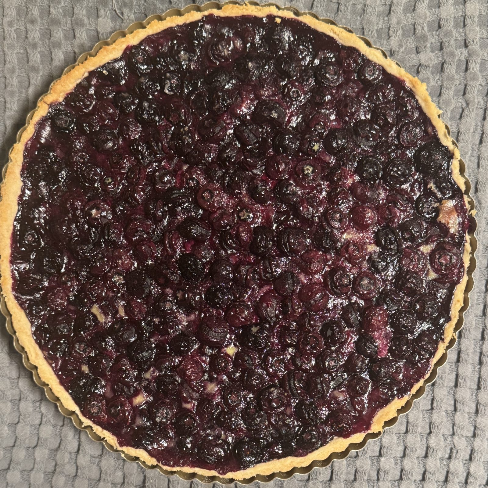 A freshly baked tarte aux myrtilles with a golden crust and glossy blueberry filling,