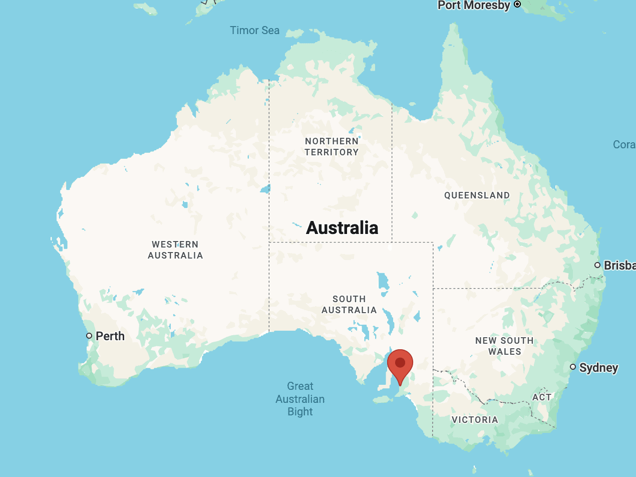 Map showing pinpoint location of Adelaide South Australia.
